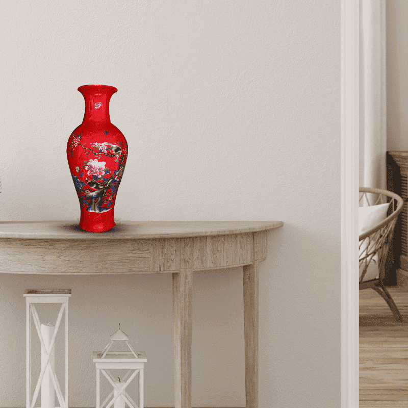 Red Porcelain Vase With Floral Paint